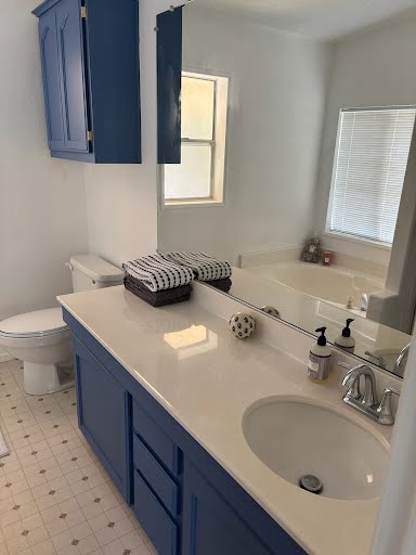 Hunting lodge guest bathroom with vanity and hot shower