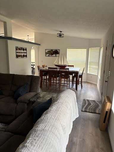 Hunting lodge open-concept living room and dining room layout
